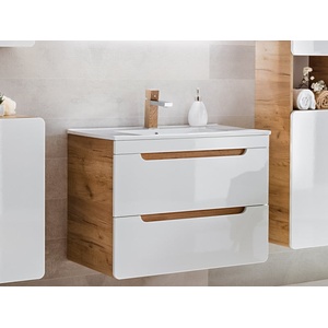 Impact Furniture Arub 800mm Wall-Hung Vanity Unit with Ceramic Basin, White Gloss & Oak Effect