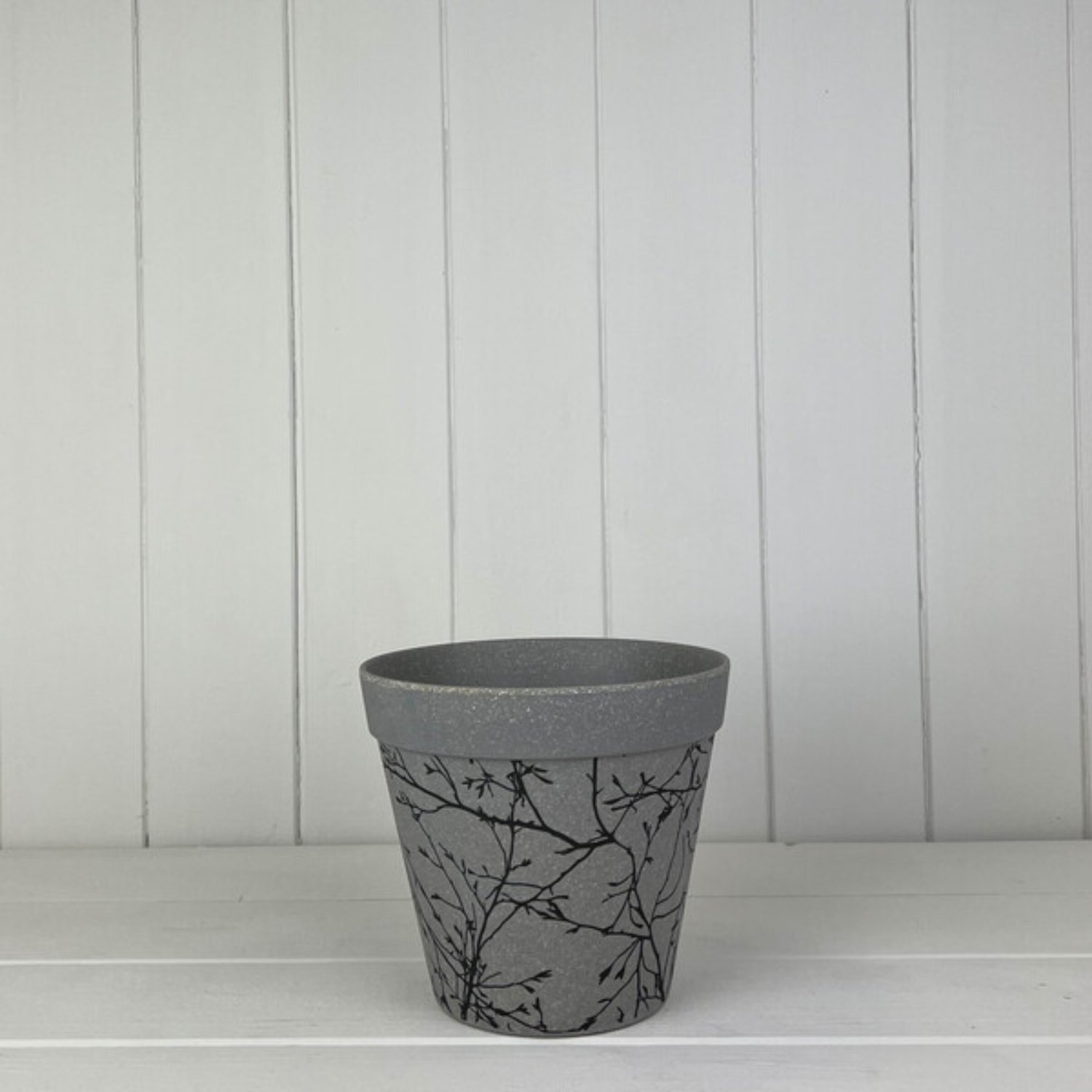 Earthy Warm Grey Straw Flower Pot With Silhouette Branch Design - Grey