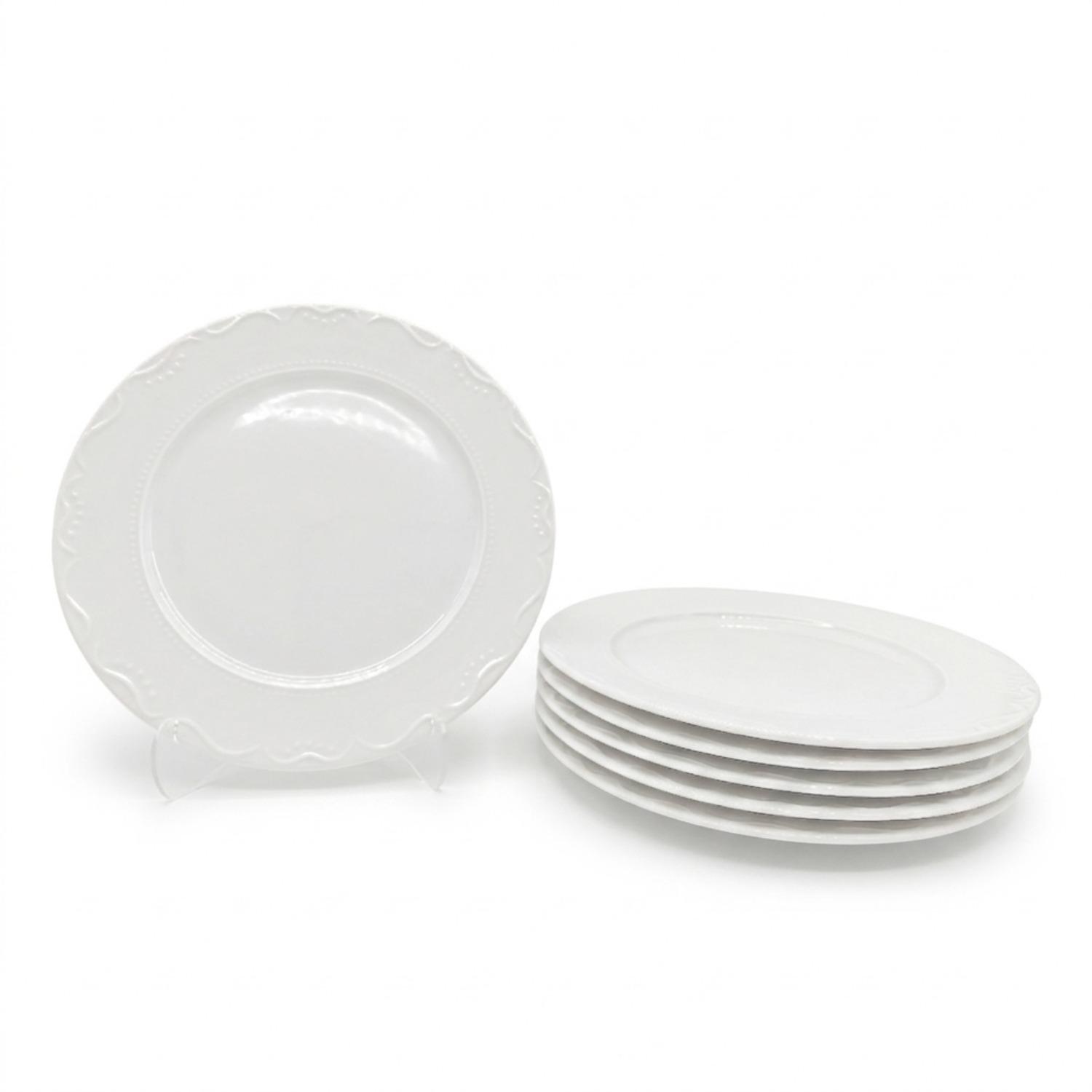 Glim & Glam Dinner Plate Set Porcelain White Embossed Floral Dot Rim 27Cm - White