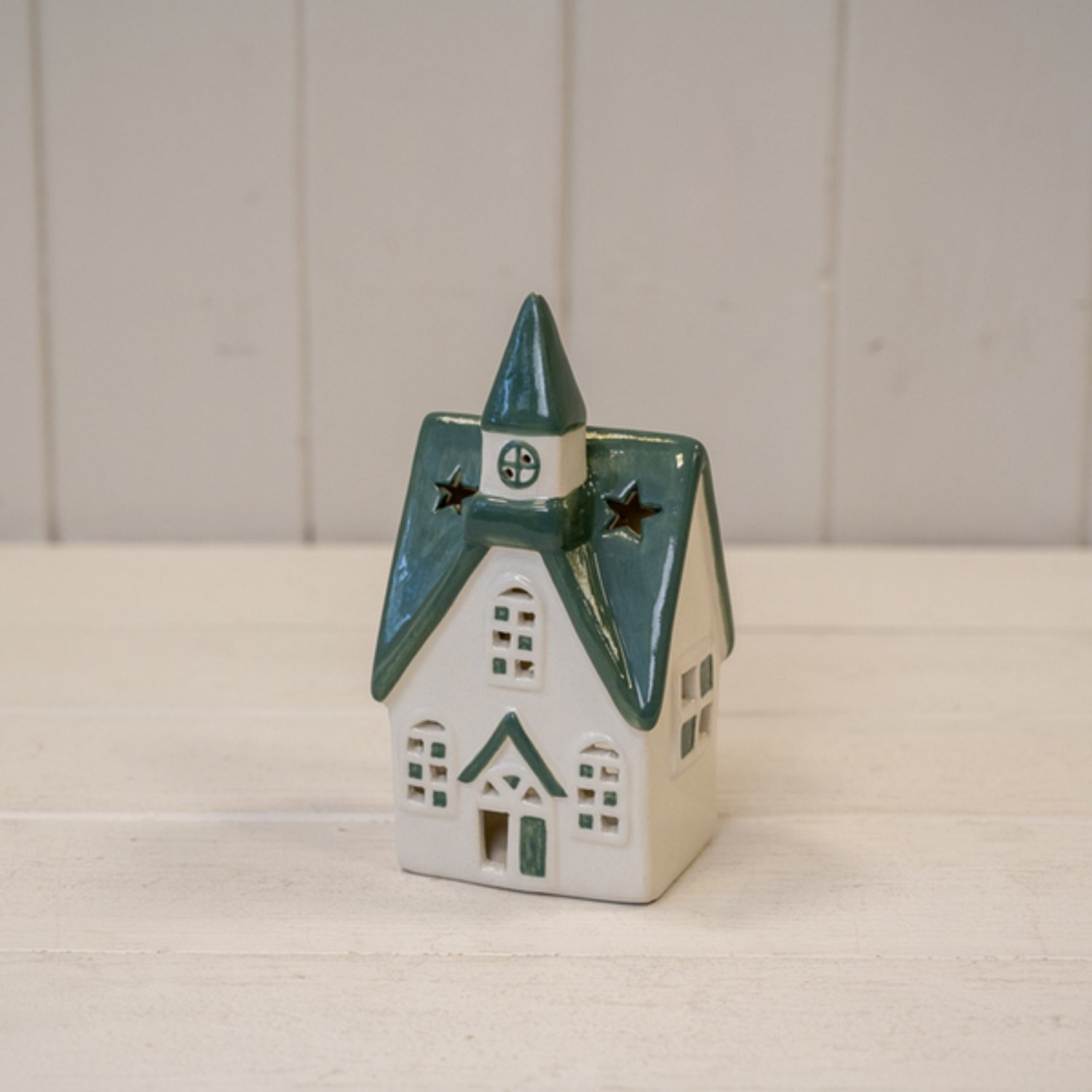  - Rustic White/green Ceramic House Tealight - Image 3