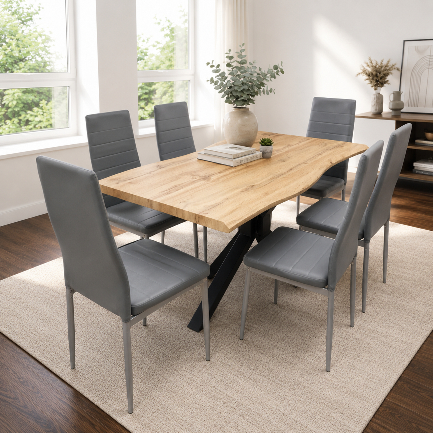 Kosy Koala Modern Dining Table With 6 Grey Faux Leather Padded Chairs Kitchen Furniture, Multi - Image 2