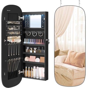 Wall or Door Mounted LED Jewellery Cabinet with Mirror, Lockable Storage Organiser, Black.