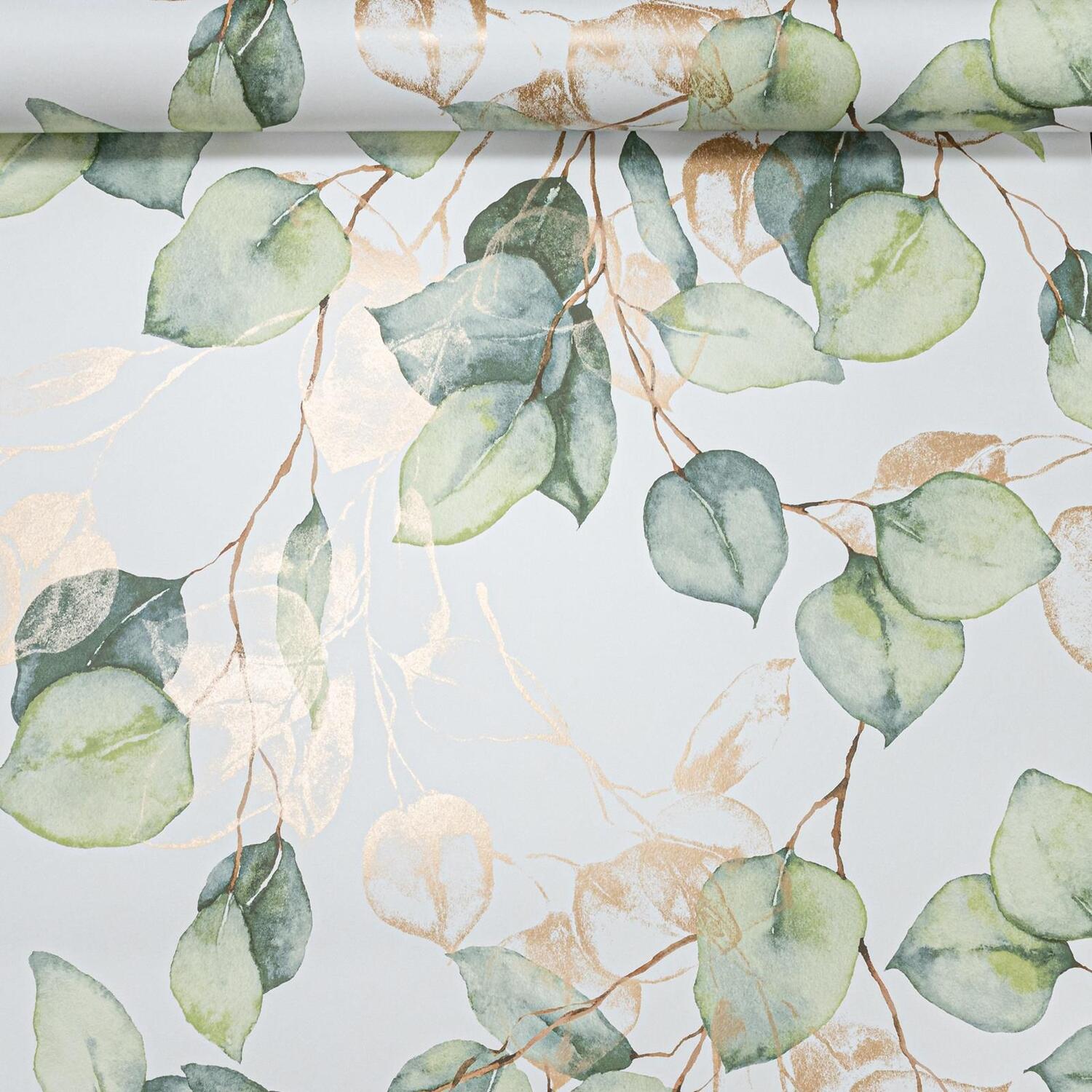 Green Ecualyptus Floral Wallpaper White Gold Metallic Light Green Leaves Smooth - Image 4