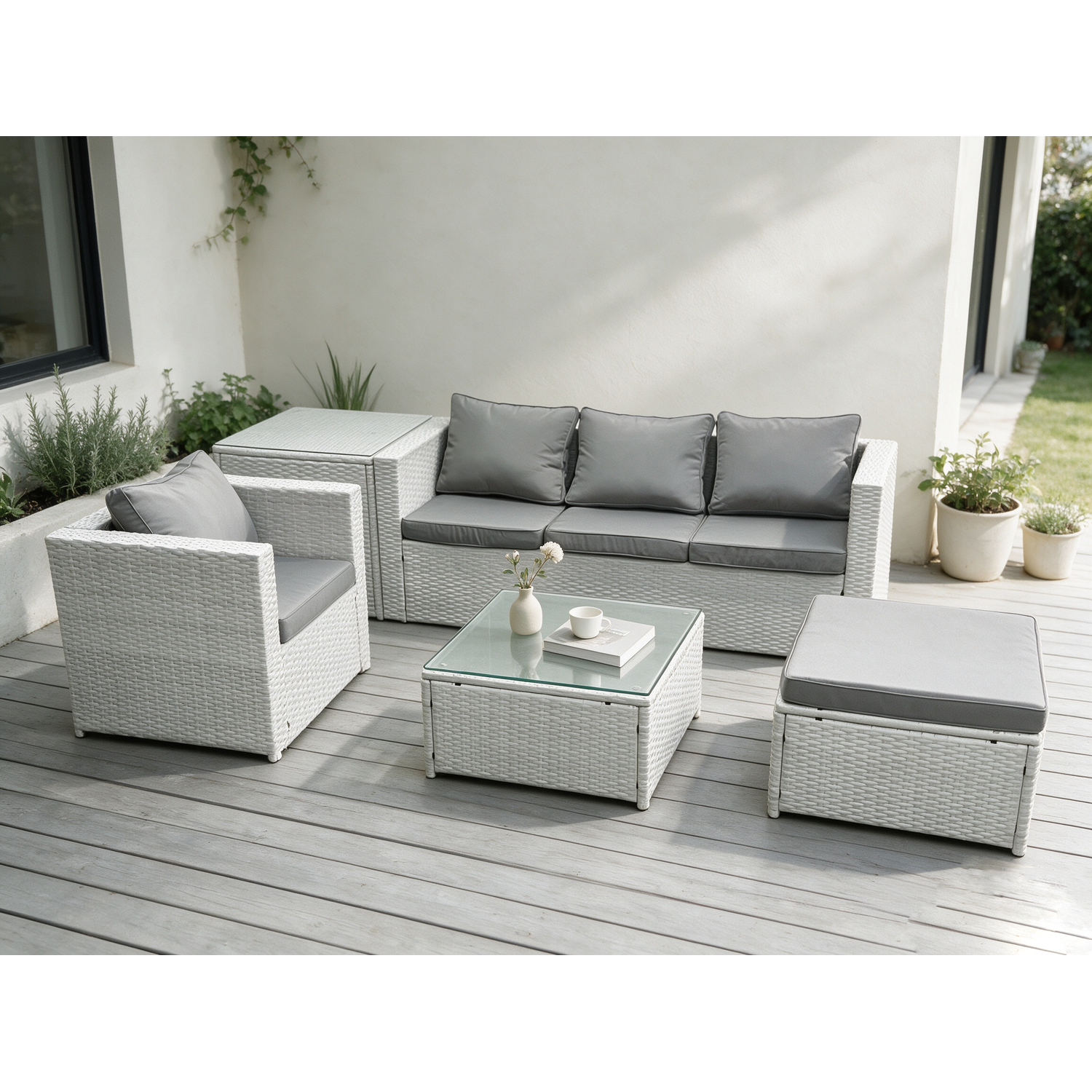 Fimous Light/Grey Lounge Outdoor Pe Rattan Garden Furniture Set Wicker Sofa Set Square Coffee Table Armchair Side Tea Table - Image 2
