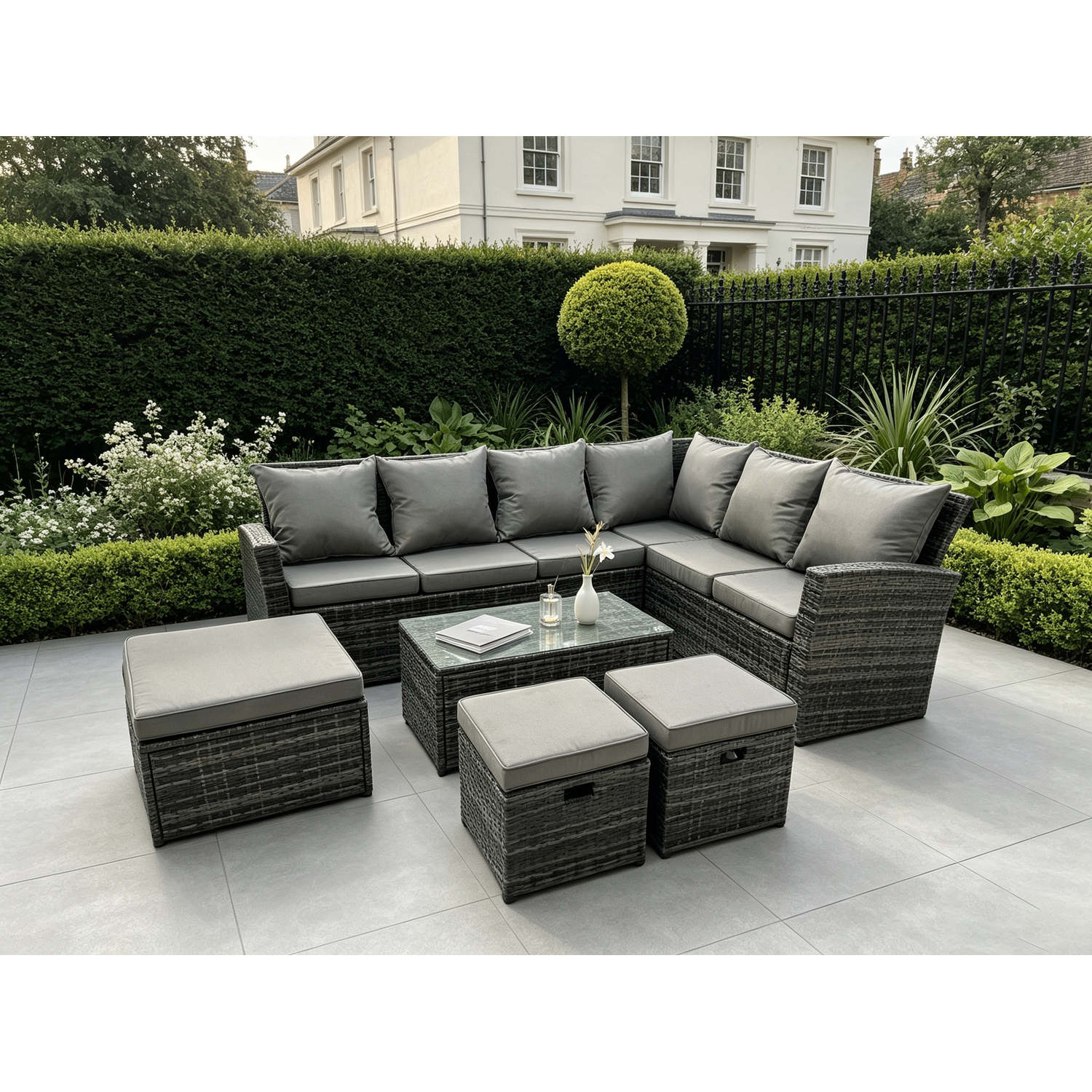B&Q - Wicker Pe Outdoor Garden Furniture Set High Back Rattan Corner Sofa Set With Rectangular Coffee Table 3 Footstools - Image 2