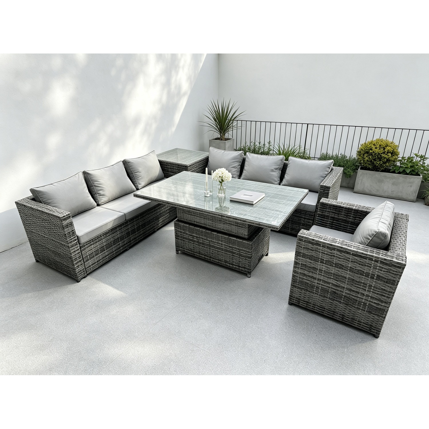 Rackhams Dark/Grey 7 Seater Pe Rattan Corner Sofa Set Garden Furniture Rising Adjustable Dining Table Set High Side Coffee Table With Arm Chair - Image 2