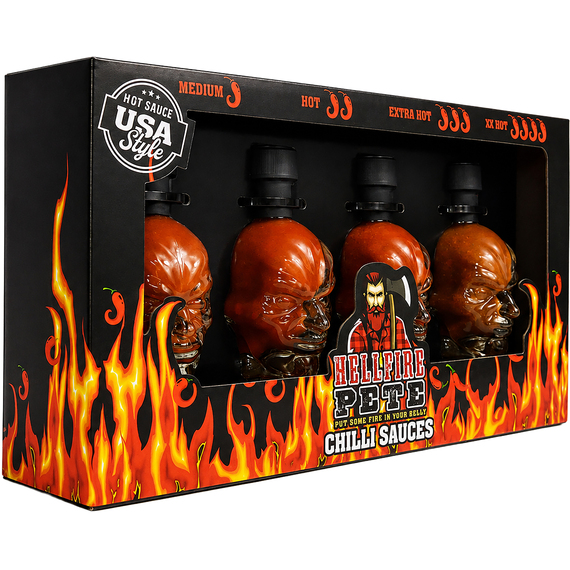 'Hellfire Pete' 4 Pack Devil Head Chilli Sauce Gift Set