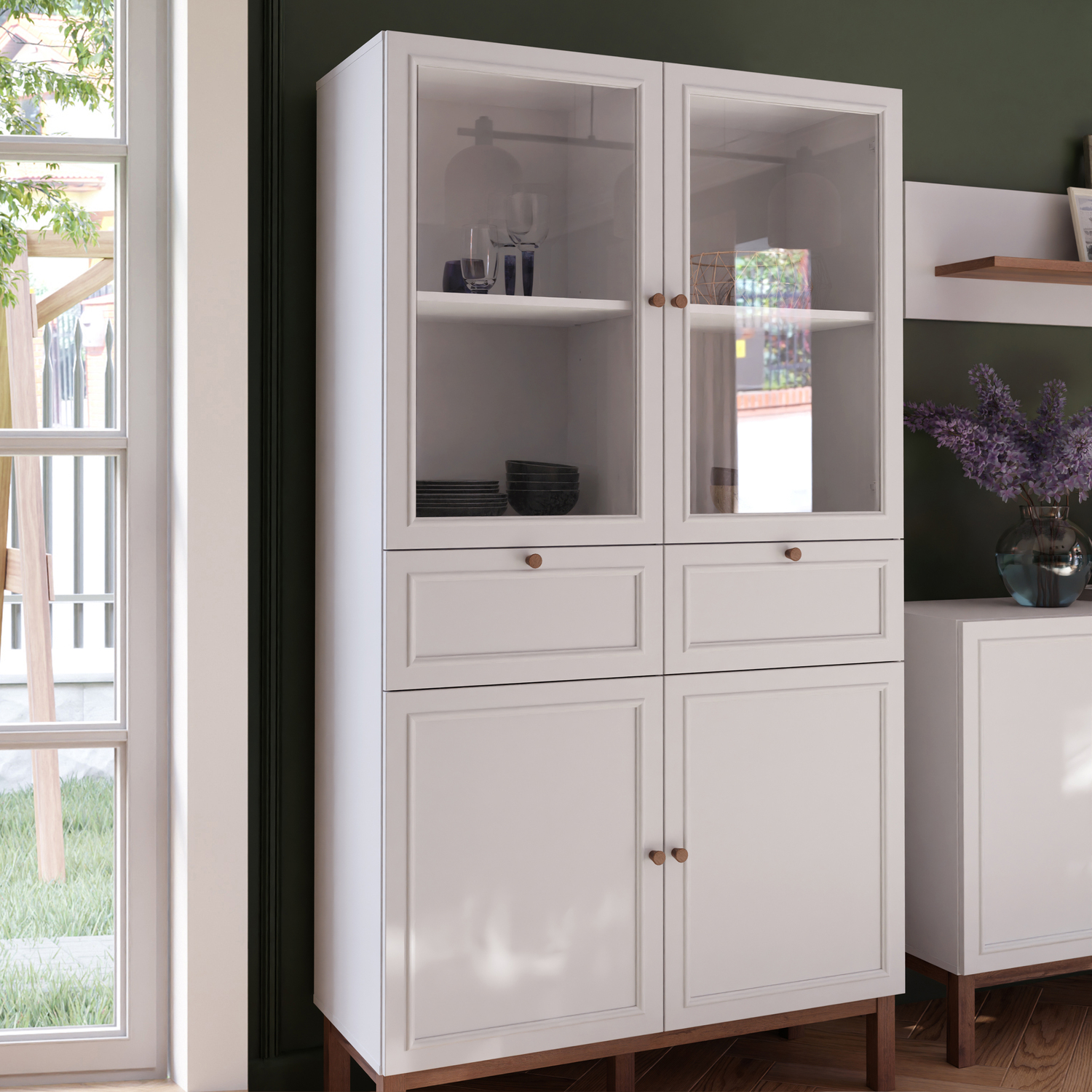 Furniture To Go Wensley Display Cabinet With 2 Doors 2 Drawers And 2 Glass Doors In Light Grey And Oak - Light Grey & Oak
