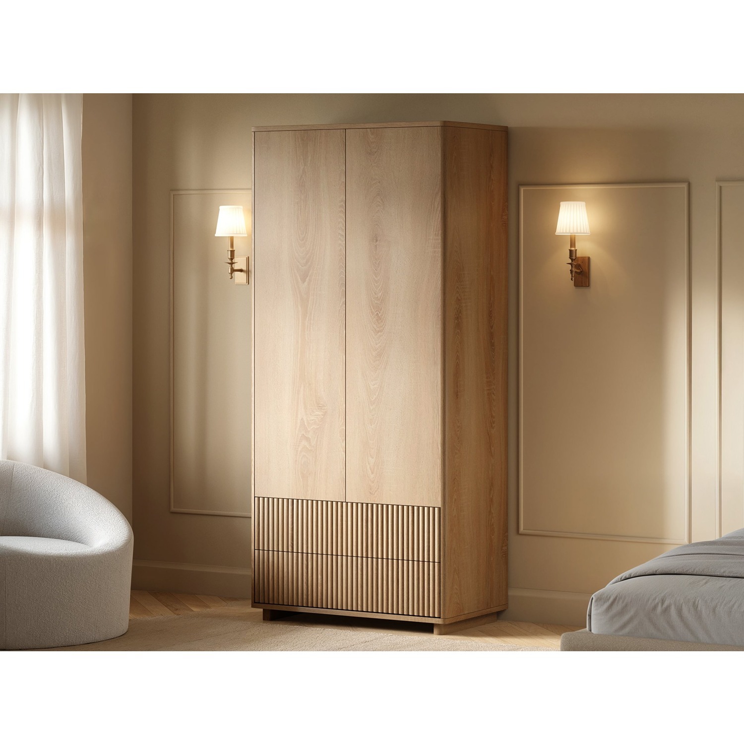 Solace+Co Velmor Ribbed Double Wardrobe With Drawers - Oak