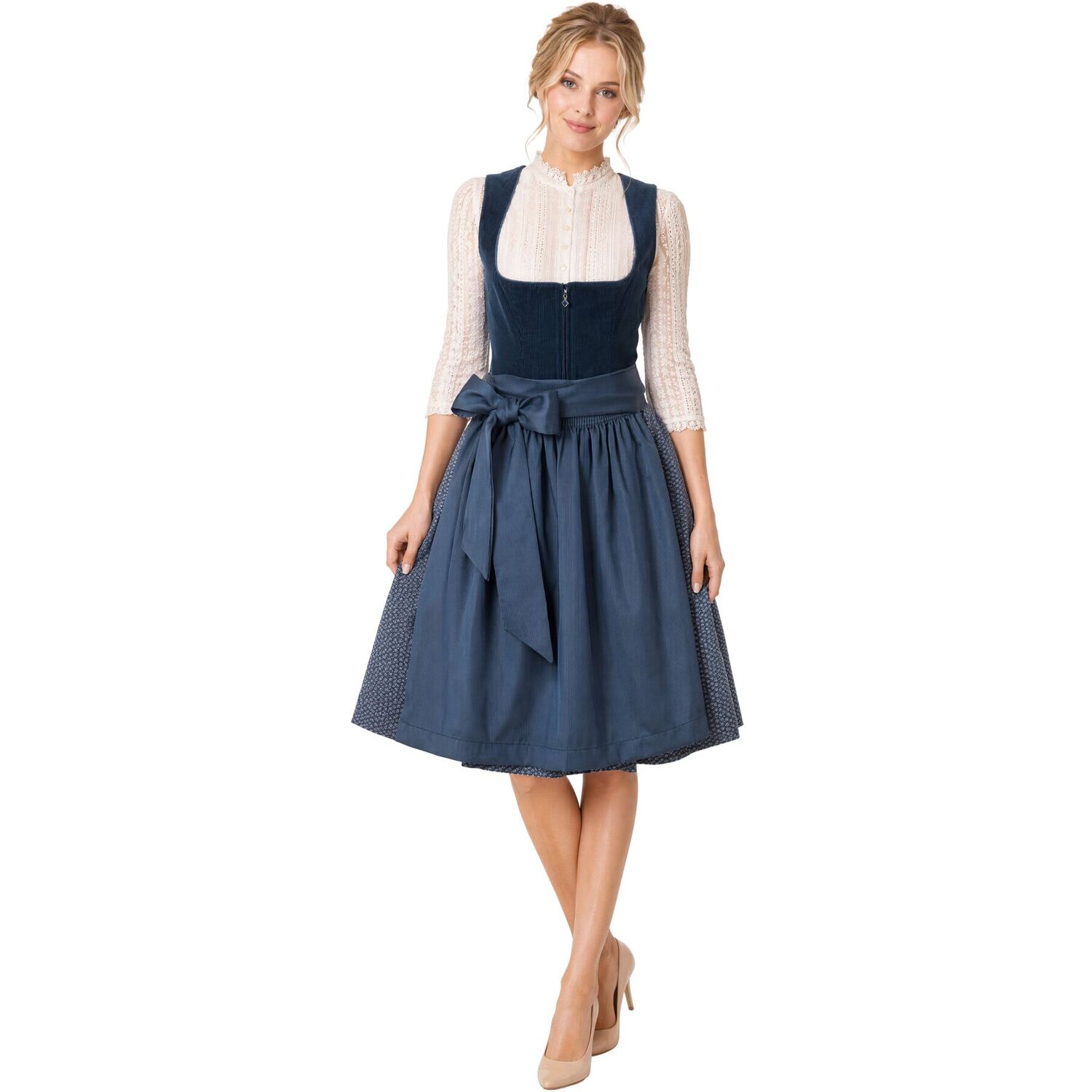 Tectake Dressforfun® Mini Dirndl Dress Carina With Zippered Corduroy Bodice & Apron - Blue / 35Cm