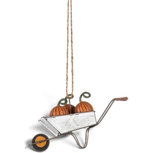 Shoeless Joe Three Pumpkins in Wheelbarrow Halloween Decoration