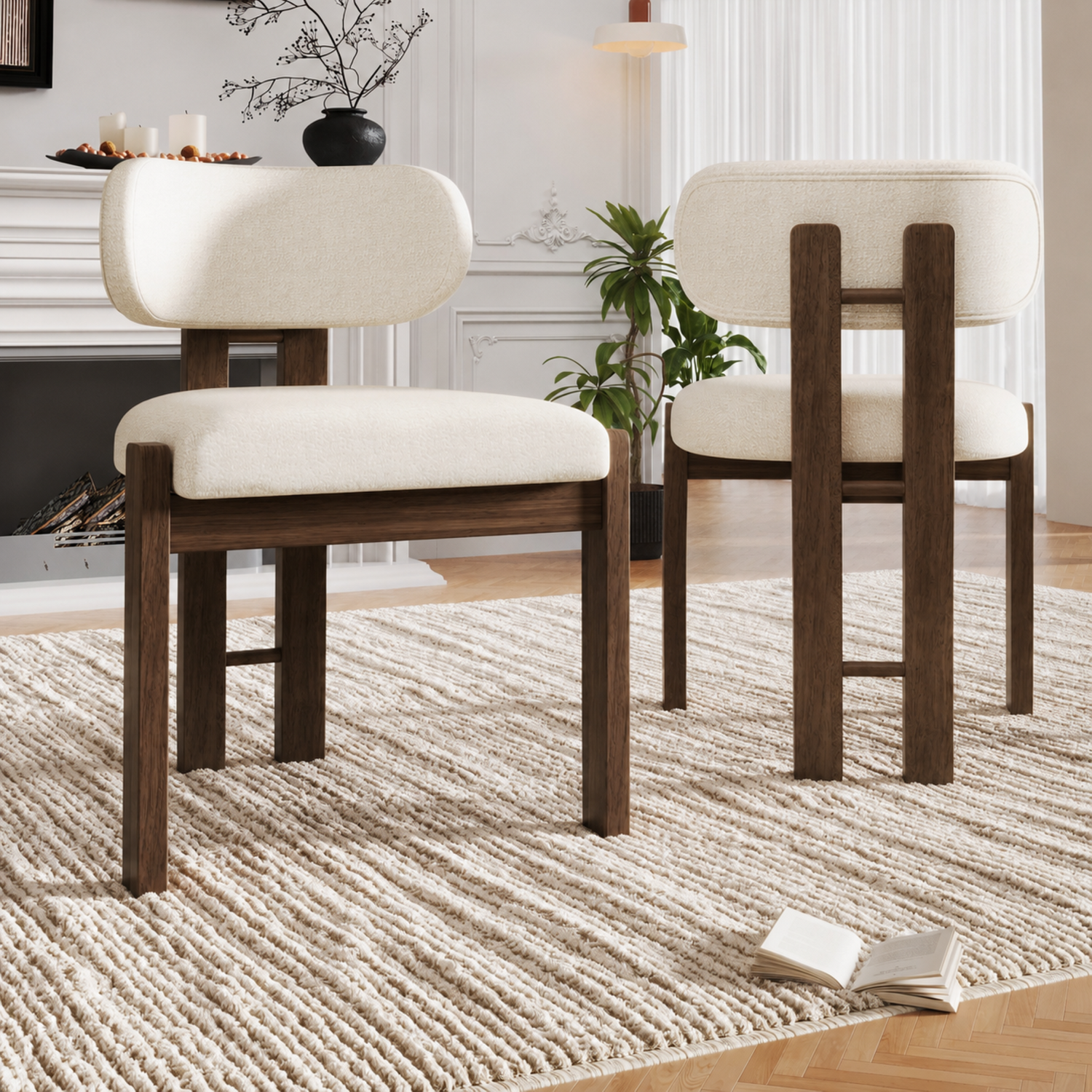 Aka Bouclé Dining Chairs With Solid Wood Legs, Walnut Wood Colour, Set Of 2 - Walnut