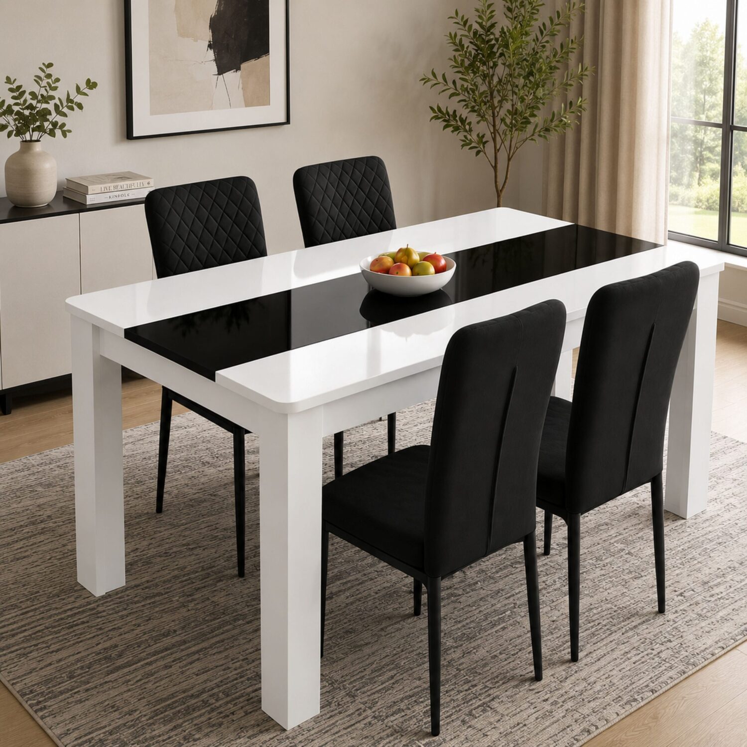 Two Tone Dining Set with White and Black Table and 4 Black High Back ...