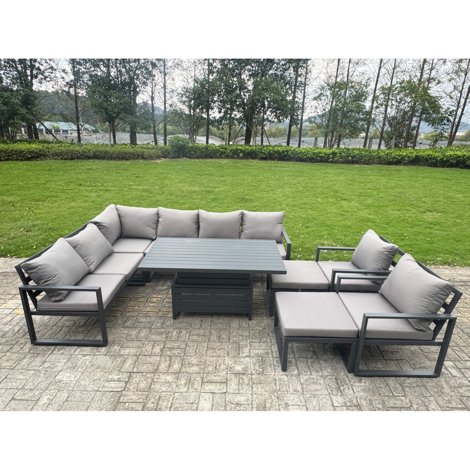 Fimous Aluminium Garden Furniture Sets,10 Seater Outdoor Conversational Dining Set With Adjustable Rising Lifting Dining Table,2 Big Footstools Dark G - Image 3