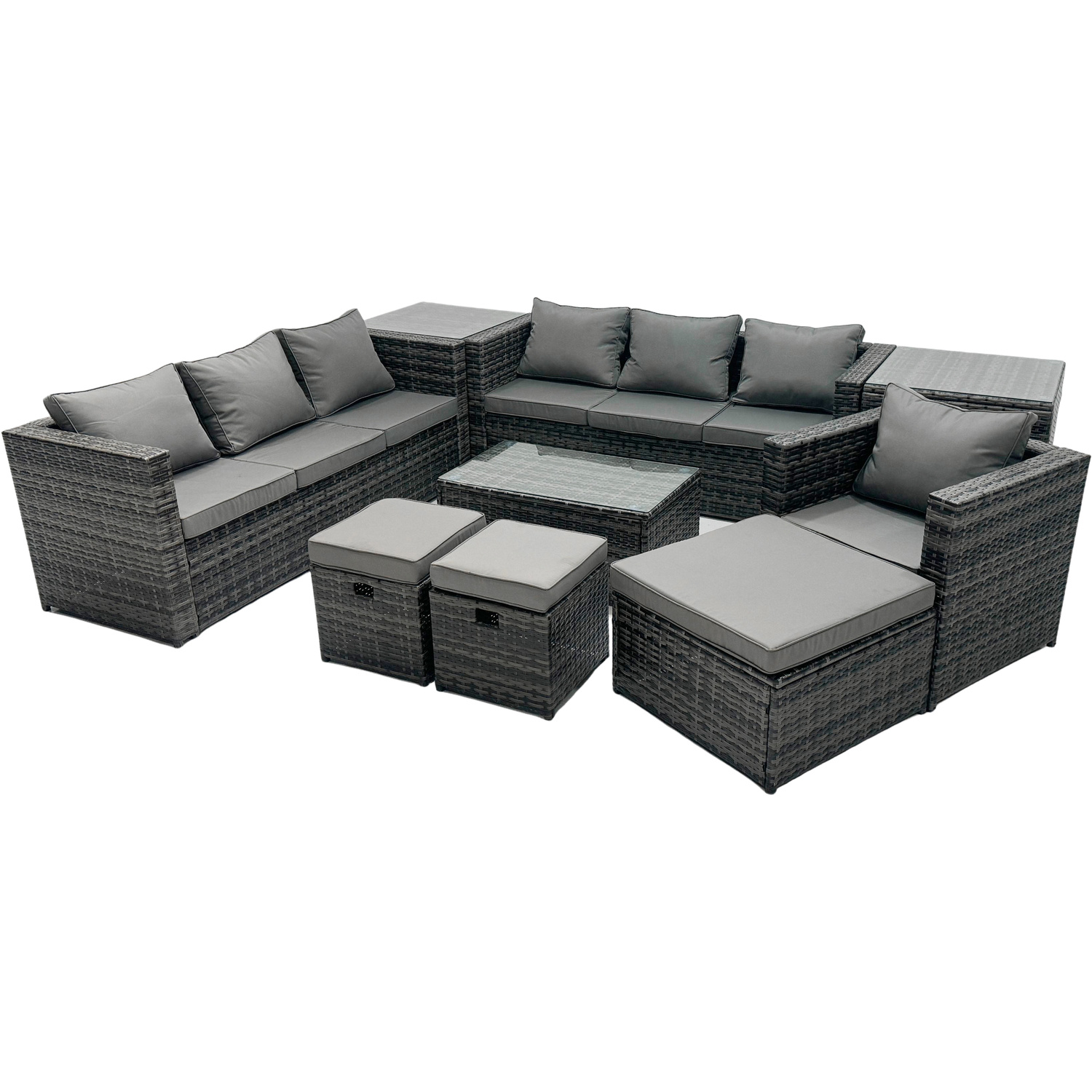 Fimous 10-Seater Patio Coffee Table Sofa Set With 3 Stools 2 Side Tables - Image 3