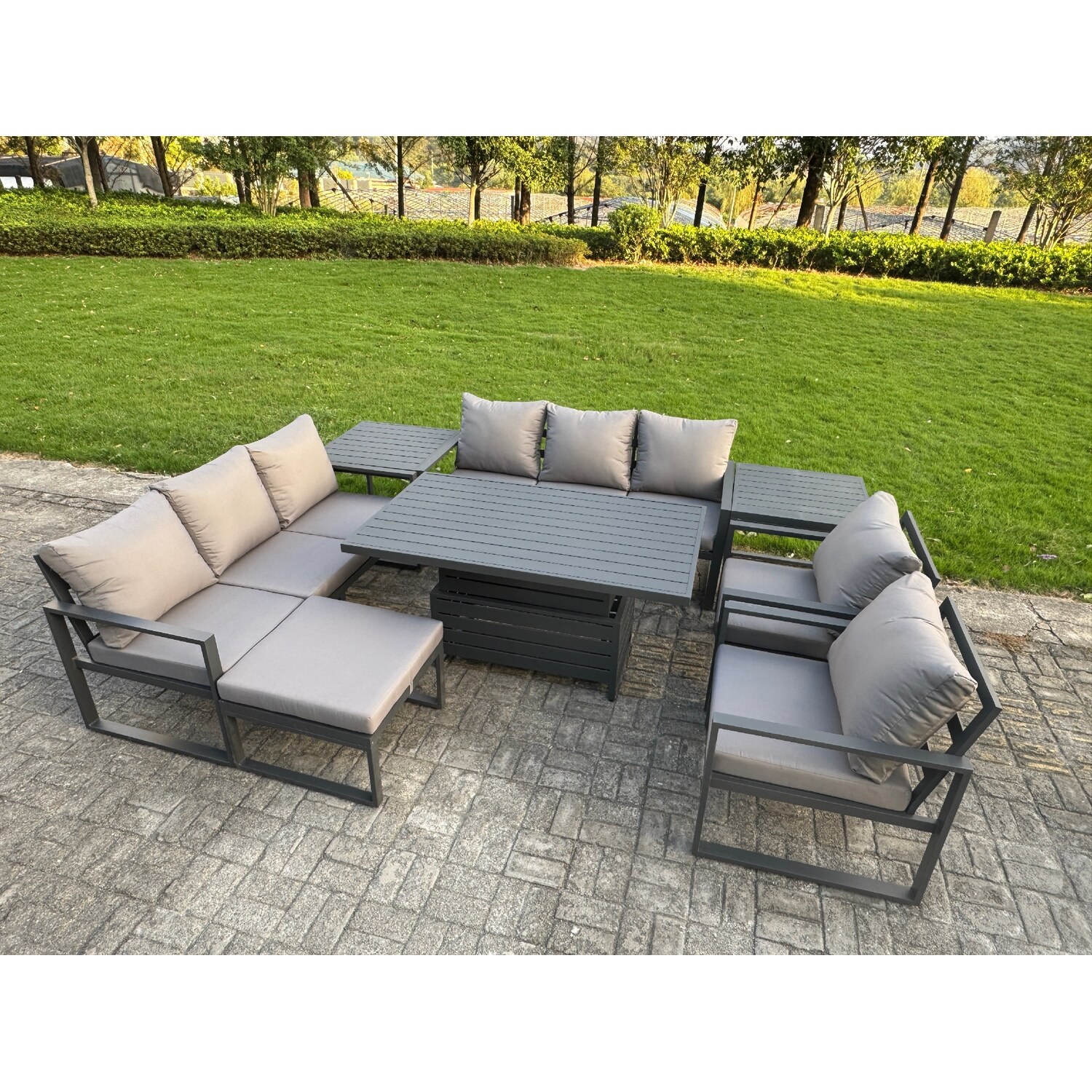 Fimous Garden Aluminium Furniture Set Dark Grey 9 Seater Outdoor Patio Adjustable Rising Lifting Dining Table With 2 Chairs 2 Side Tables Big Footstoo - Image 3