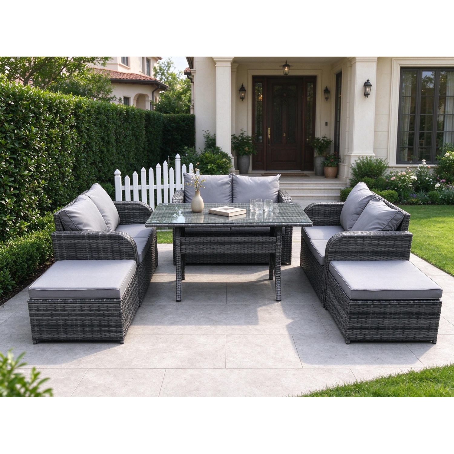 B&Q - Patio Rattan Garden Furniture Set With Oblong Dining Table 2 Big Footstool 8 Seater Outdoor Lounge Loveseat Sofa Set - Image 2