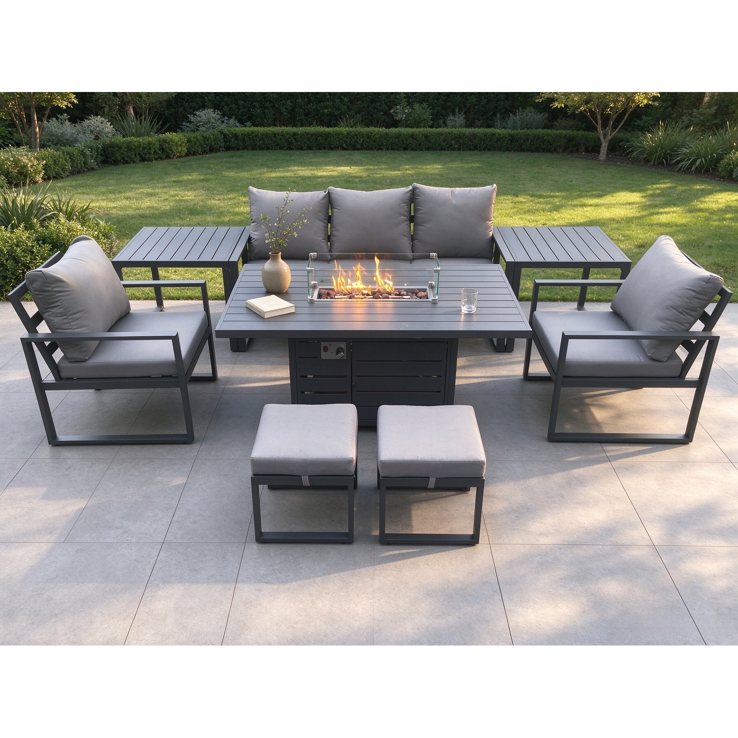 Fimous Aluminium Patio Outdoor Garden Furniture Lounge Sofa Set Gas Fire Pit Dining Table With 2 2 Small Footstools Dark Grey - Image 3
