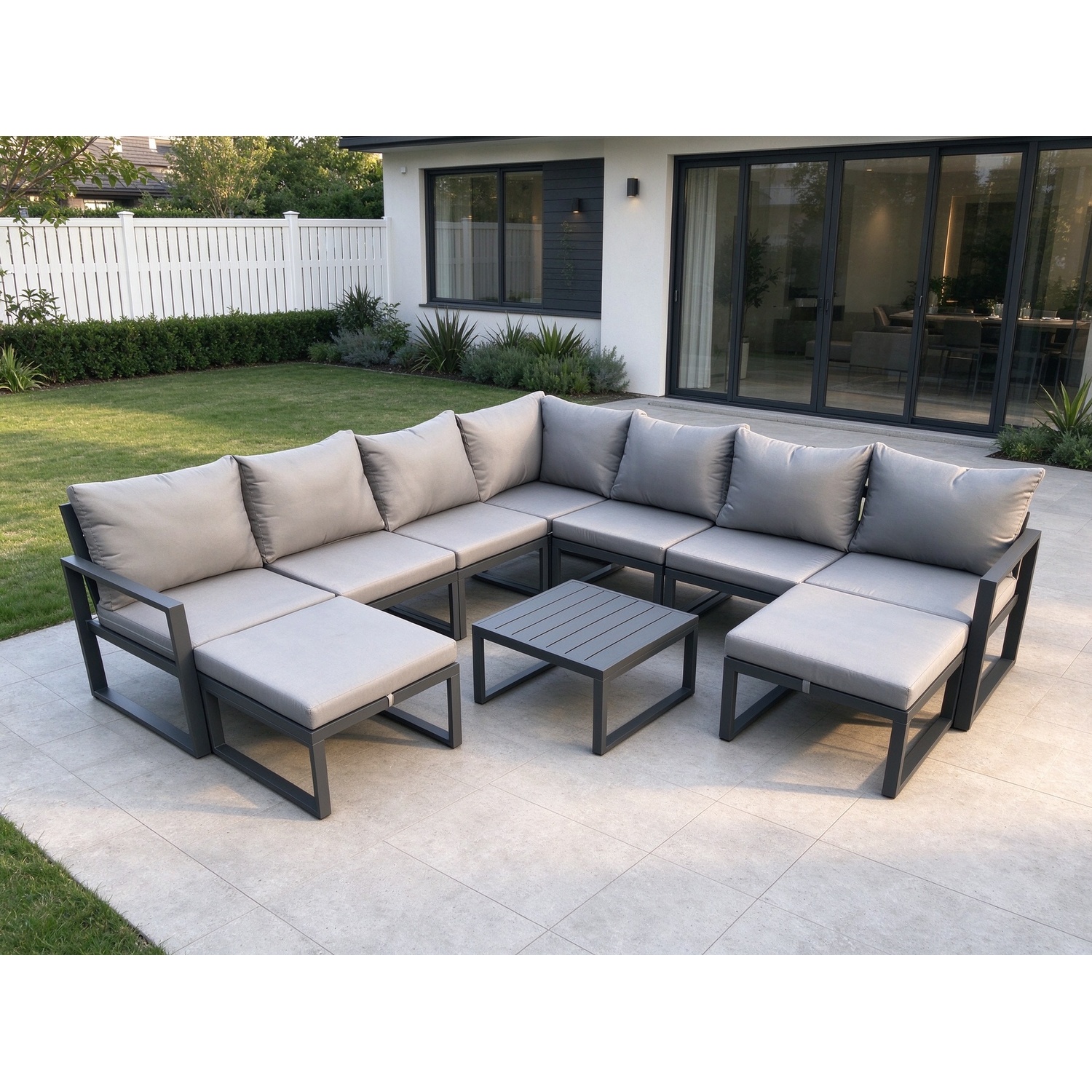 Rackhams Dark/Grey Aluminium Outdoor Garden Furniture Set Lounge Corner Sofa Square Coffee Table Sets With 2 Big Footstools - Image 2