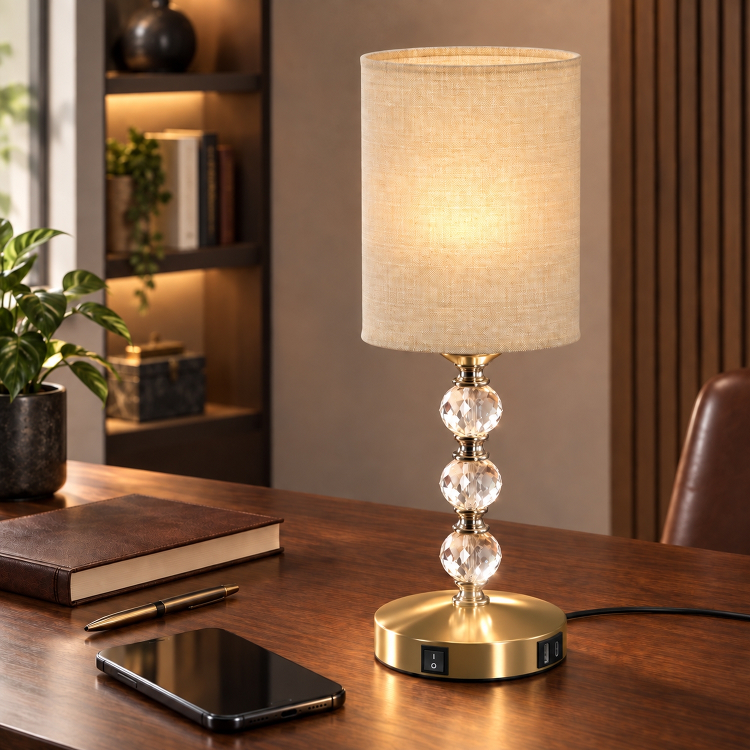 Homcom Gold Tone Bedside Lamp, Modern Crystal Decoration Table Lamp With Pvc Shade, Usb A+C Charging Ports, Bulb Not Included, - Image 3