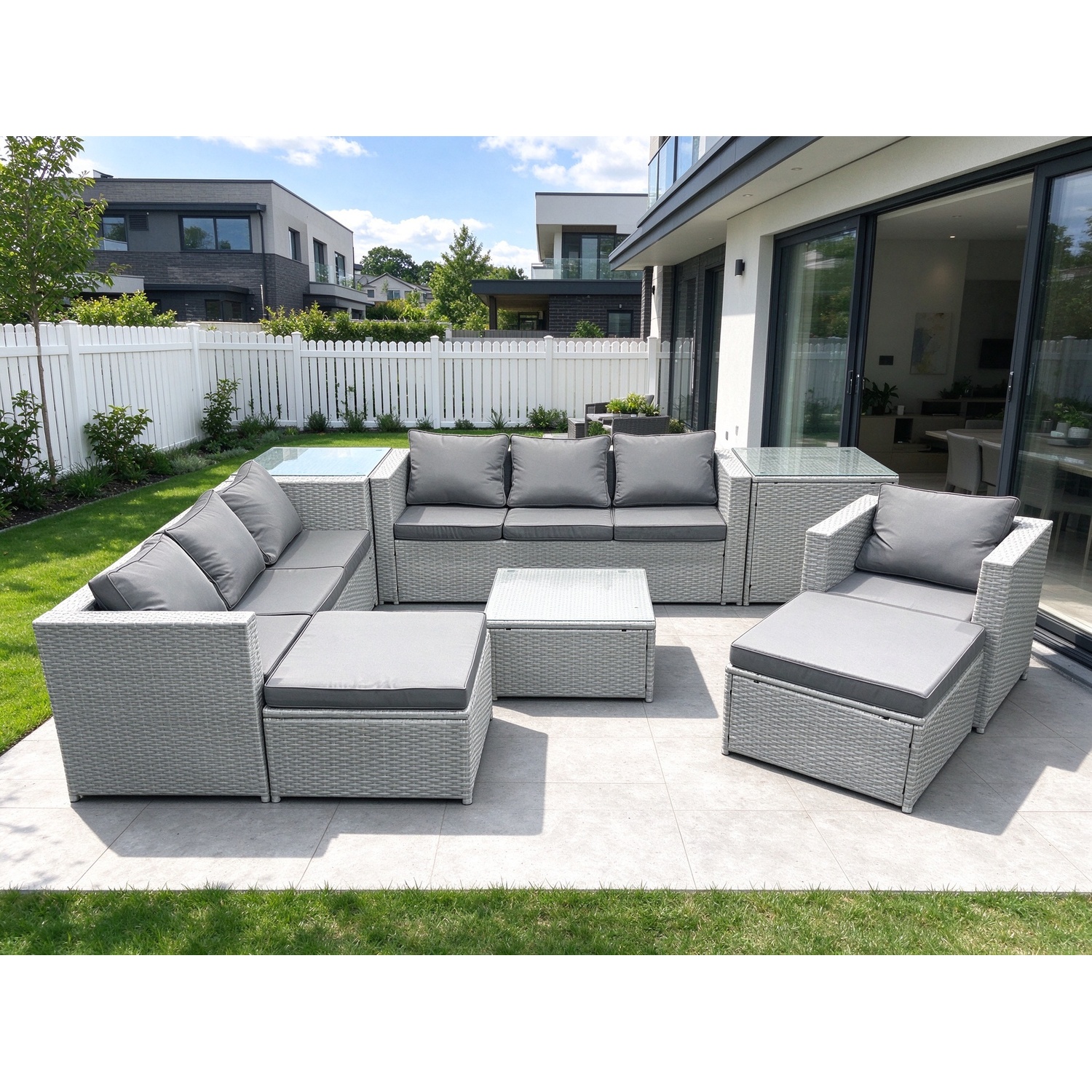 Fimous Wicker Pe Rattan Sofa Garden Furniture Set With Armchair Square Coffee Table 2 Big Footstools 2 Side Tables Light Grey Mixed - Image 3