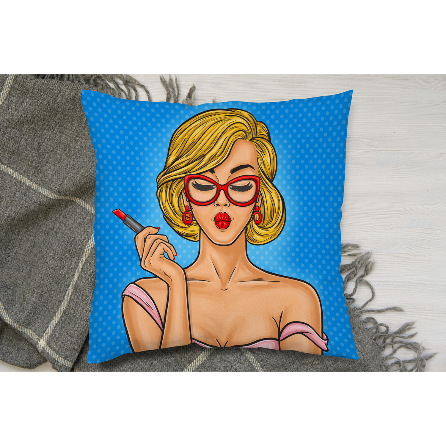Pop Art Illustration Woman Paints Her Lips Cushion - Blue / 60