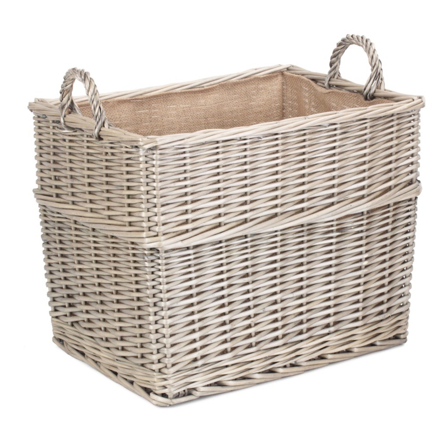 Rectangular Hessian Lined Wicker Log Storage Basket - Brown / 36cm