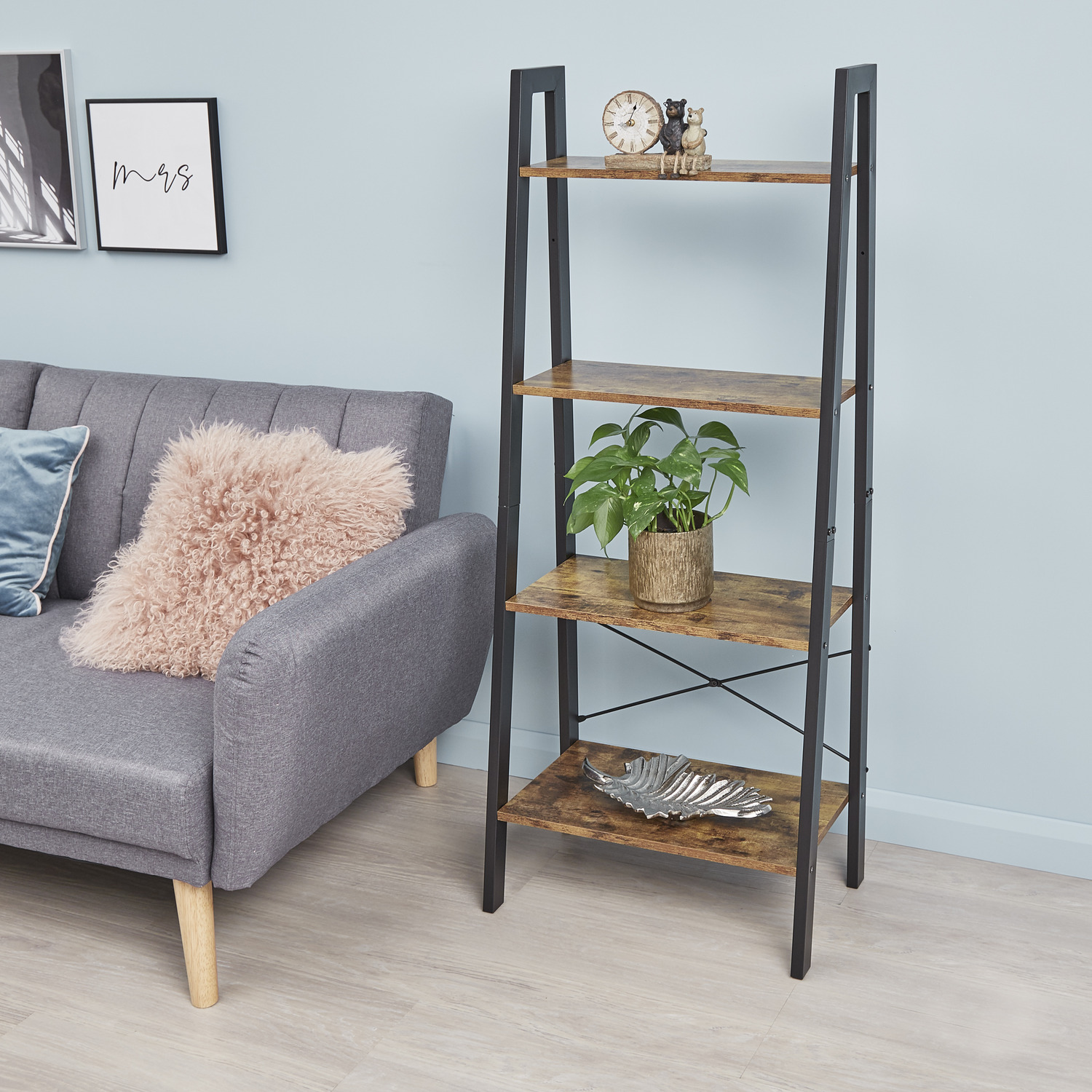 4-tier Storage Shelves Ladder Bookshelf Industrial Bookcase Unit - Orange