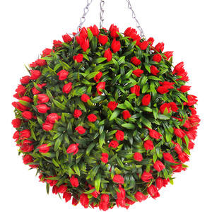 Best Artificial 38cm Red Lush Tulip Hanging Basket Flower Topiary Ball