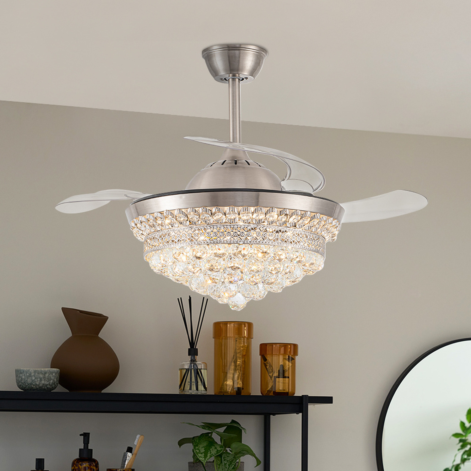 Livingandhome - Crystalline LED Ceiling Lamp Fan Dimmable Chandelier With Retractable Blade - Silvery White thumbnail