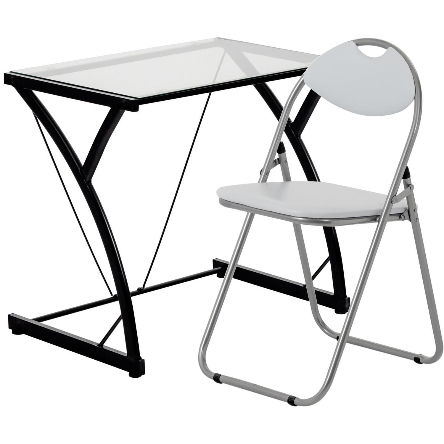 Small Tempered Glass Top Computer Desk and Folding Chair 2 Piece Set
