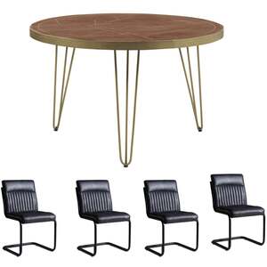 Dallas Dark Mango Round Solid Wood Dining Table 4 Seats Set With 4 Chairs