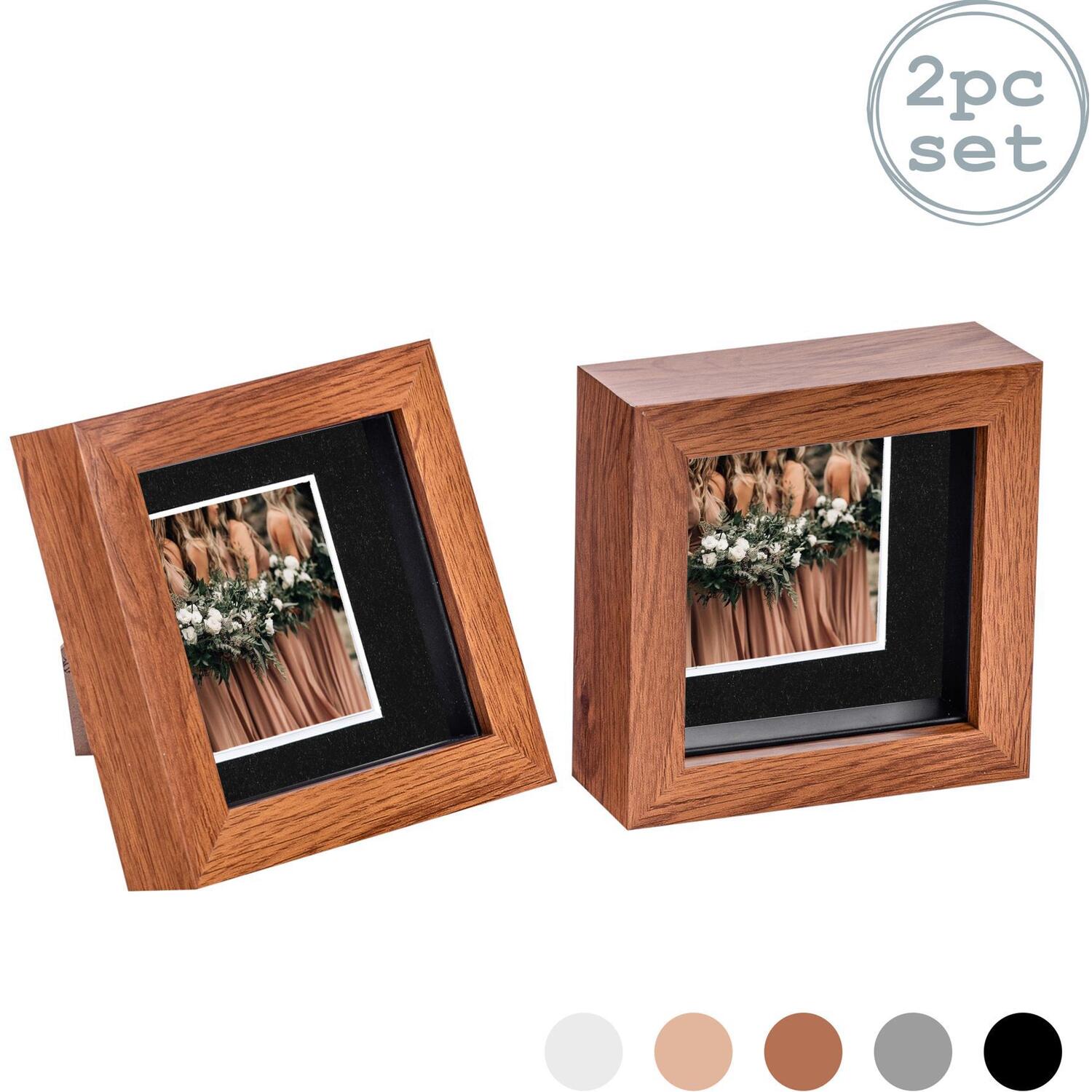 3D Box Photo Frame - 4 x 4" with 2 x 2" Mount - Pack of 2 - Dark Wood/Black