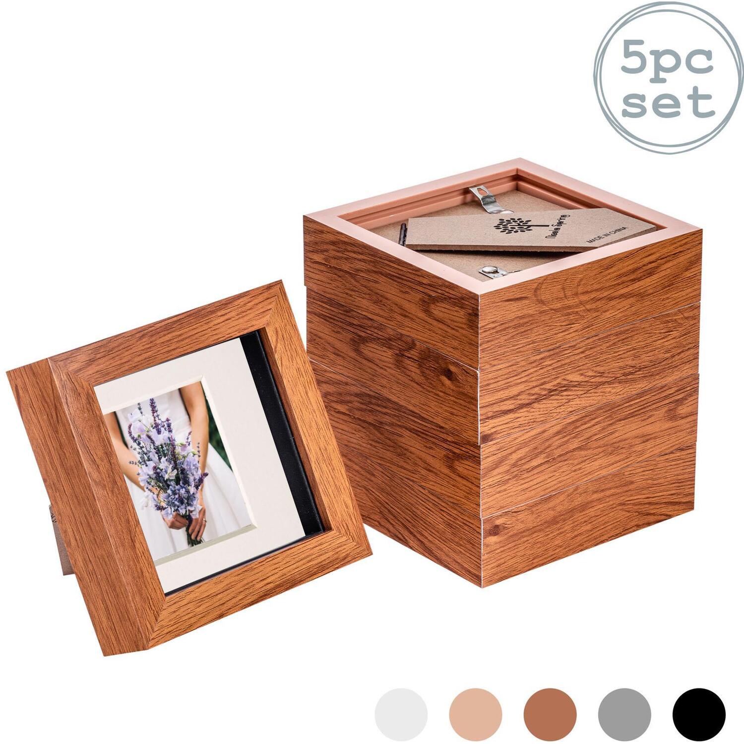 3D Box Photo Frame - 4 x 4" with 2 x 2" Mount - Pack of 5 - Brown / 10cm