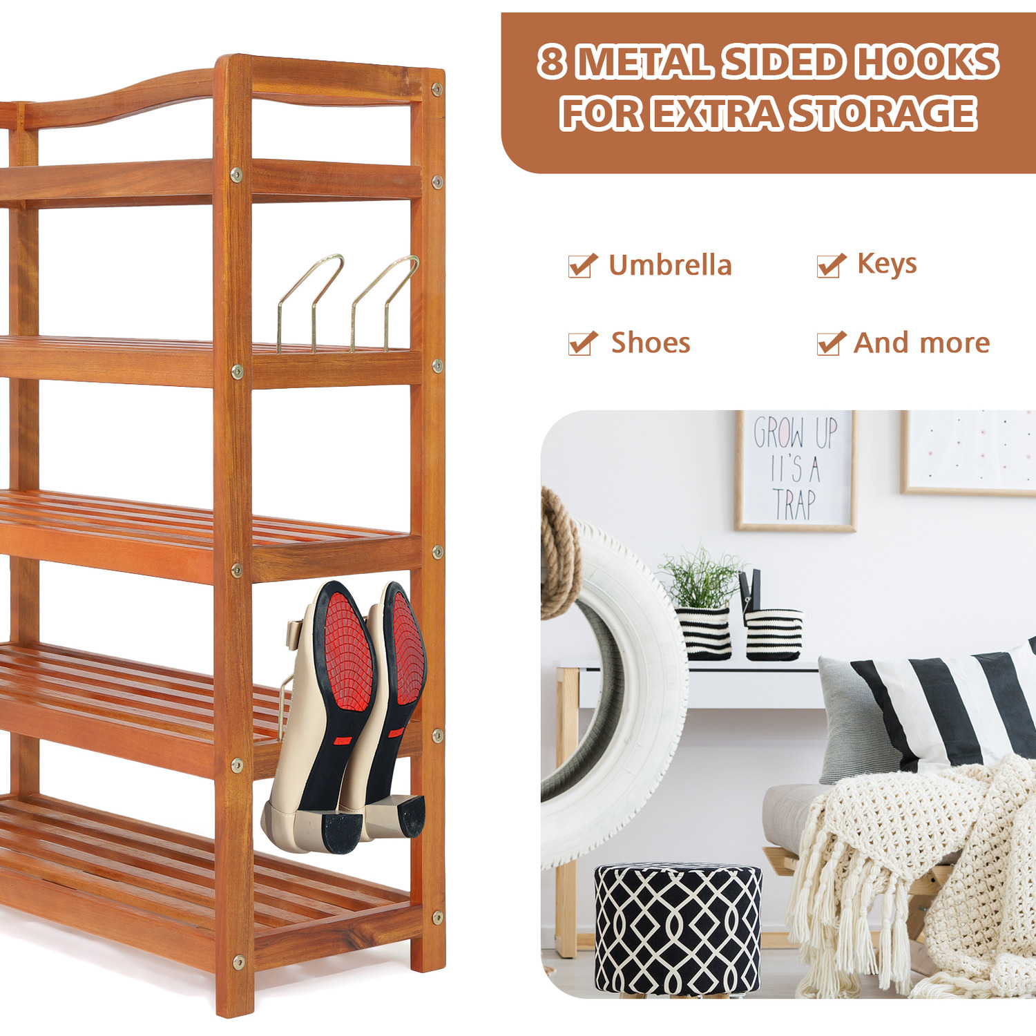 Shoe Shelf With Side Metal Hooks - Brown