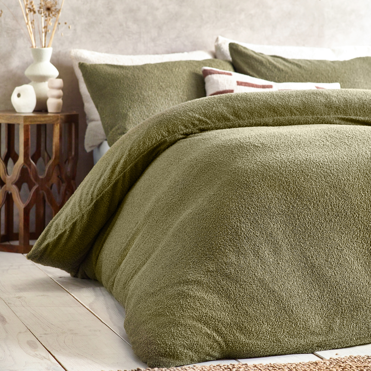 Boucle Textured Duvet Cover Set - Olive Double