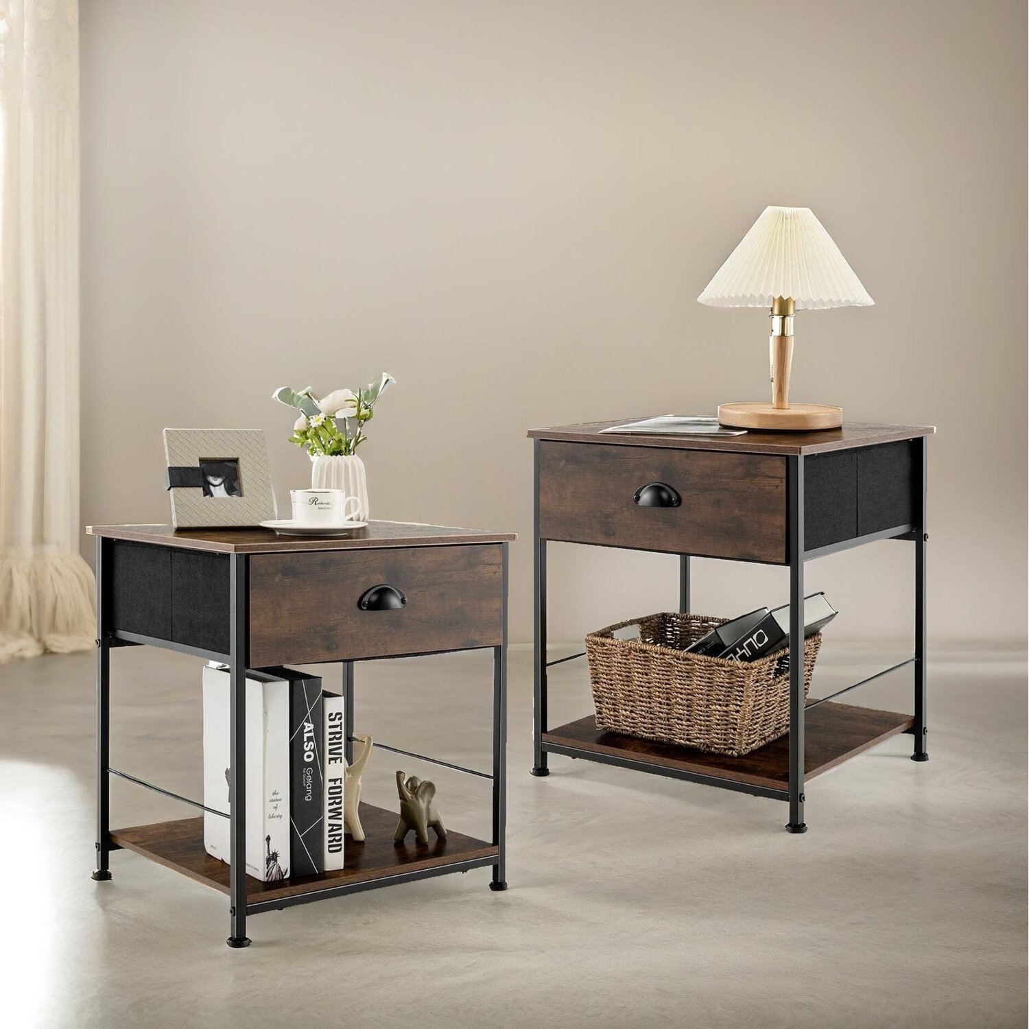 2pc Industrial Bedside Tables With Drawer Bedroom Furniture - Brown