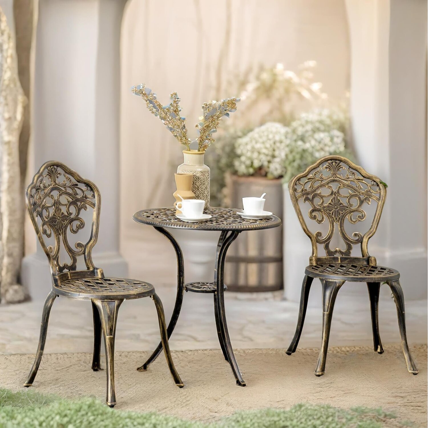Set Of 3 Cast Aluminium Bistro Table And Chair With Parasol Hole - Bronze
