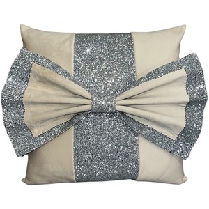 Cream And Silver Glitter Panel Bow Cushion