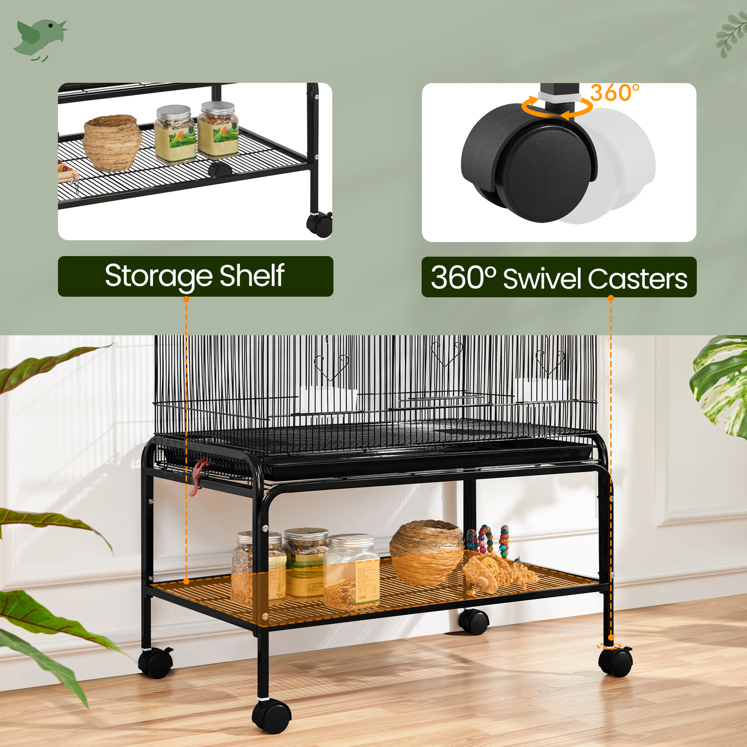 View of Rolling Large Parrot Cage with Storage Shelf