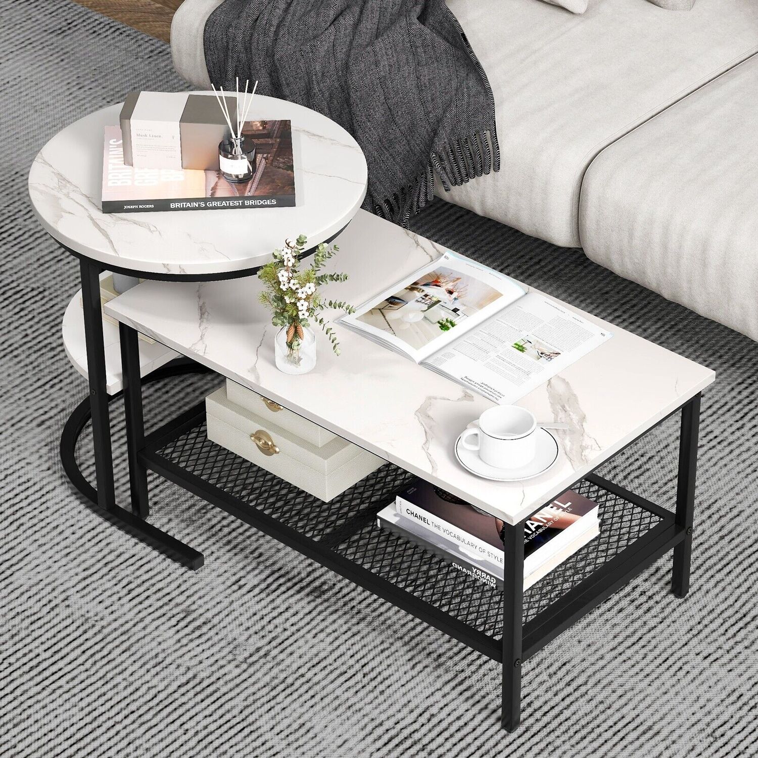 Faux Marble Stacking Sofa Side End Table - White