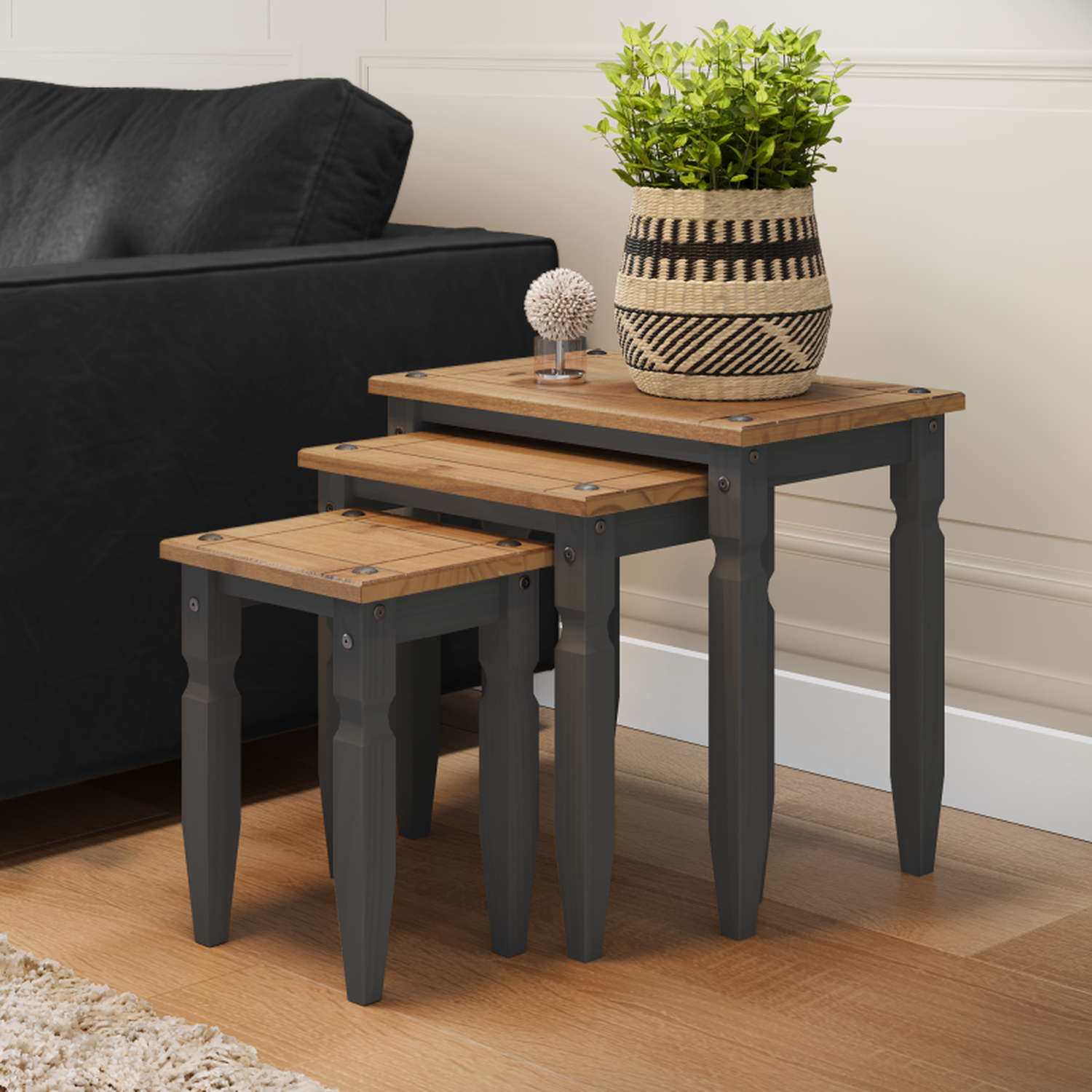 Corona Piccolo Nest Of 3 Tables Solid Wood Pine Wooden Side End Lamp - Distressed Grey Wax
