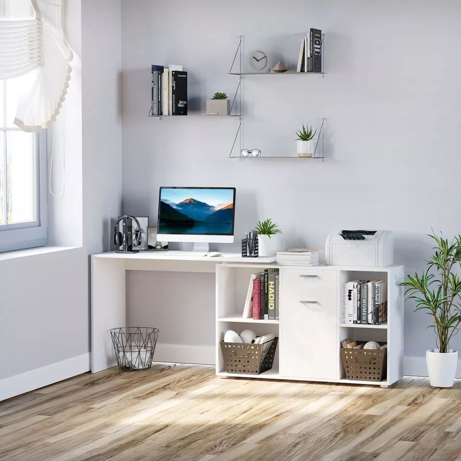 Wooden Storage Home Office Desk - White