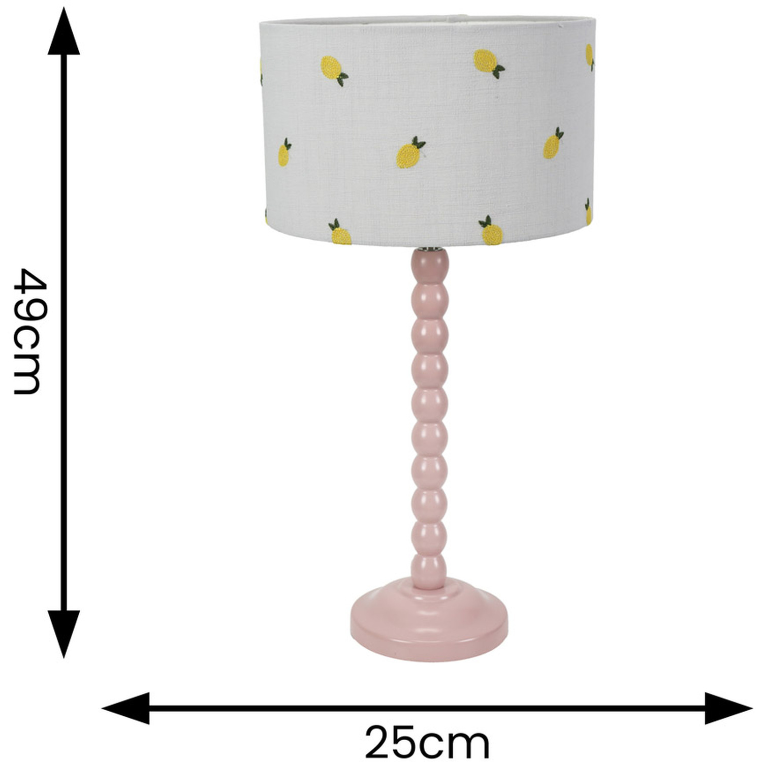 Bobbins Table Lamp With Lemon Embroidered Drum Shade - Rose Pink Bulb Included