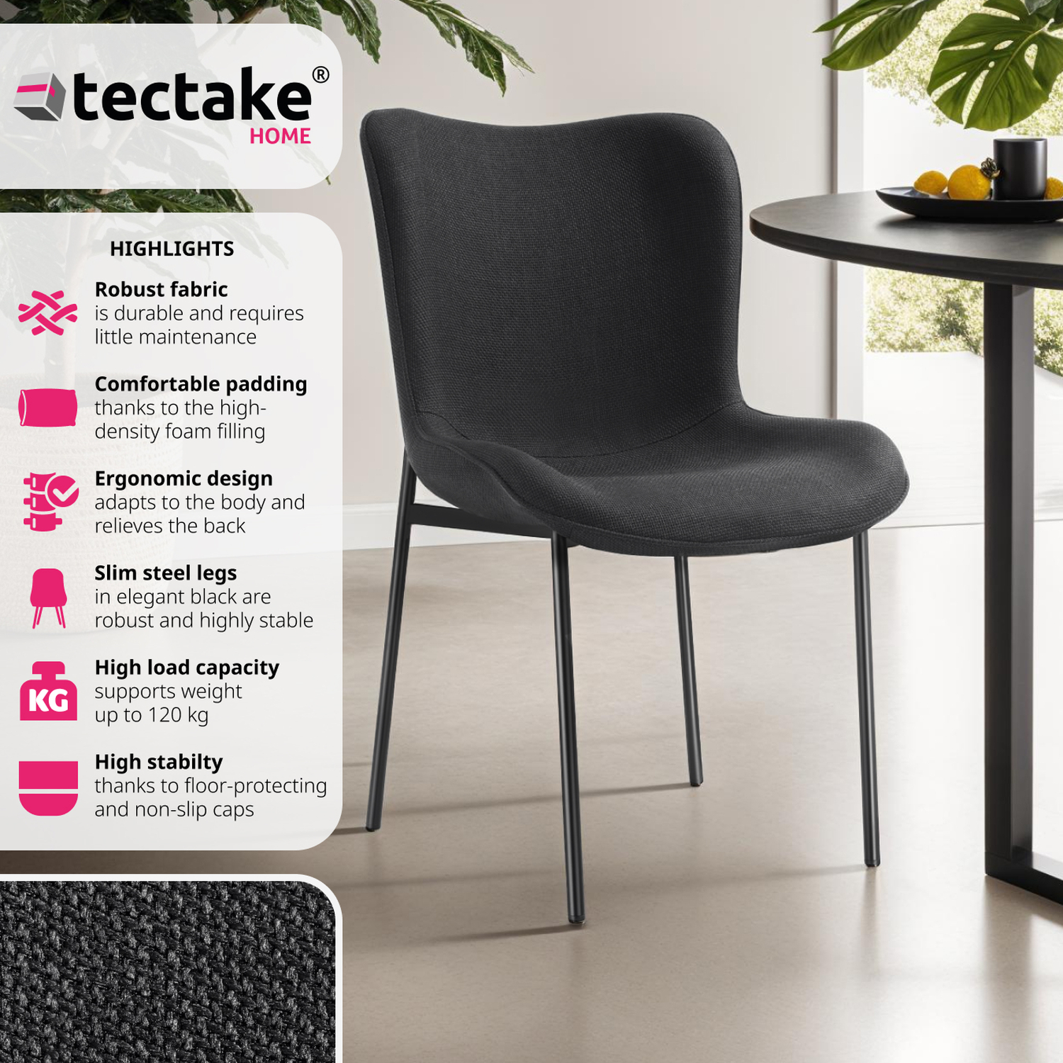 Dining Chair Tessa - Ergonomic High Backrest - Woven Fabric Black Black 1