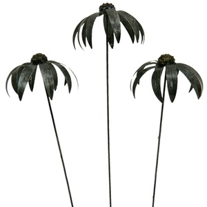 Set of 3 Metal Echinacea on 100cm stick Silver