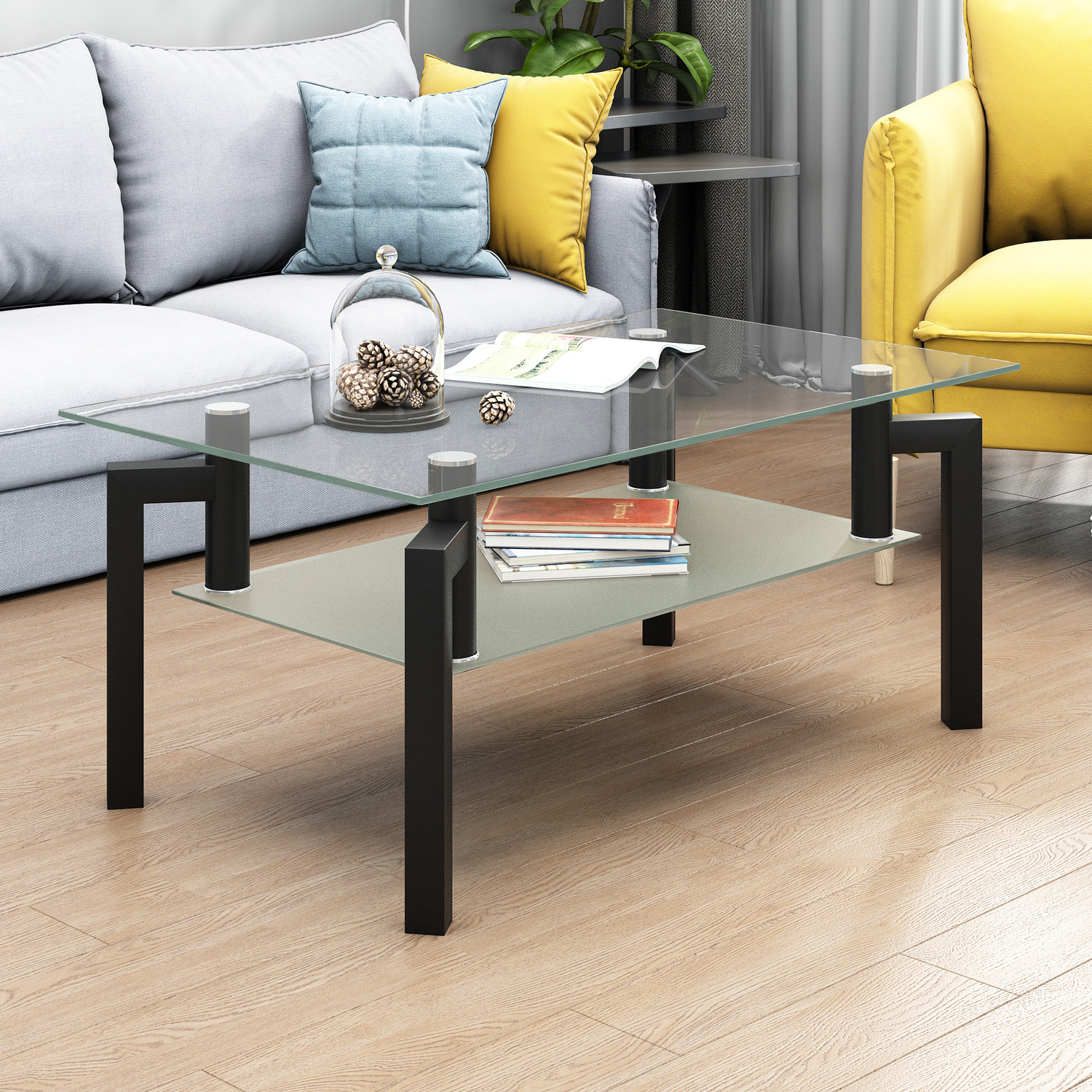 Tempered Glass Coffee Table Modern Side Tables With Shelf - Black