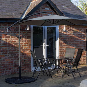 4 Person Glass Top Table Chairs With Grey Banana Parasol and base