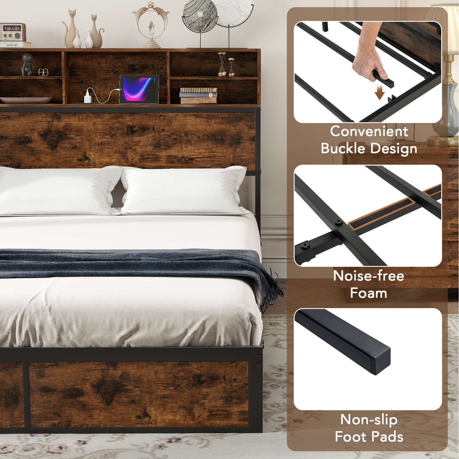 Industrial Metal Slats Support Platform Bed Base - Brown