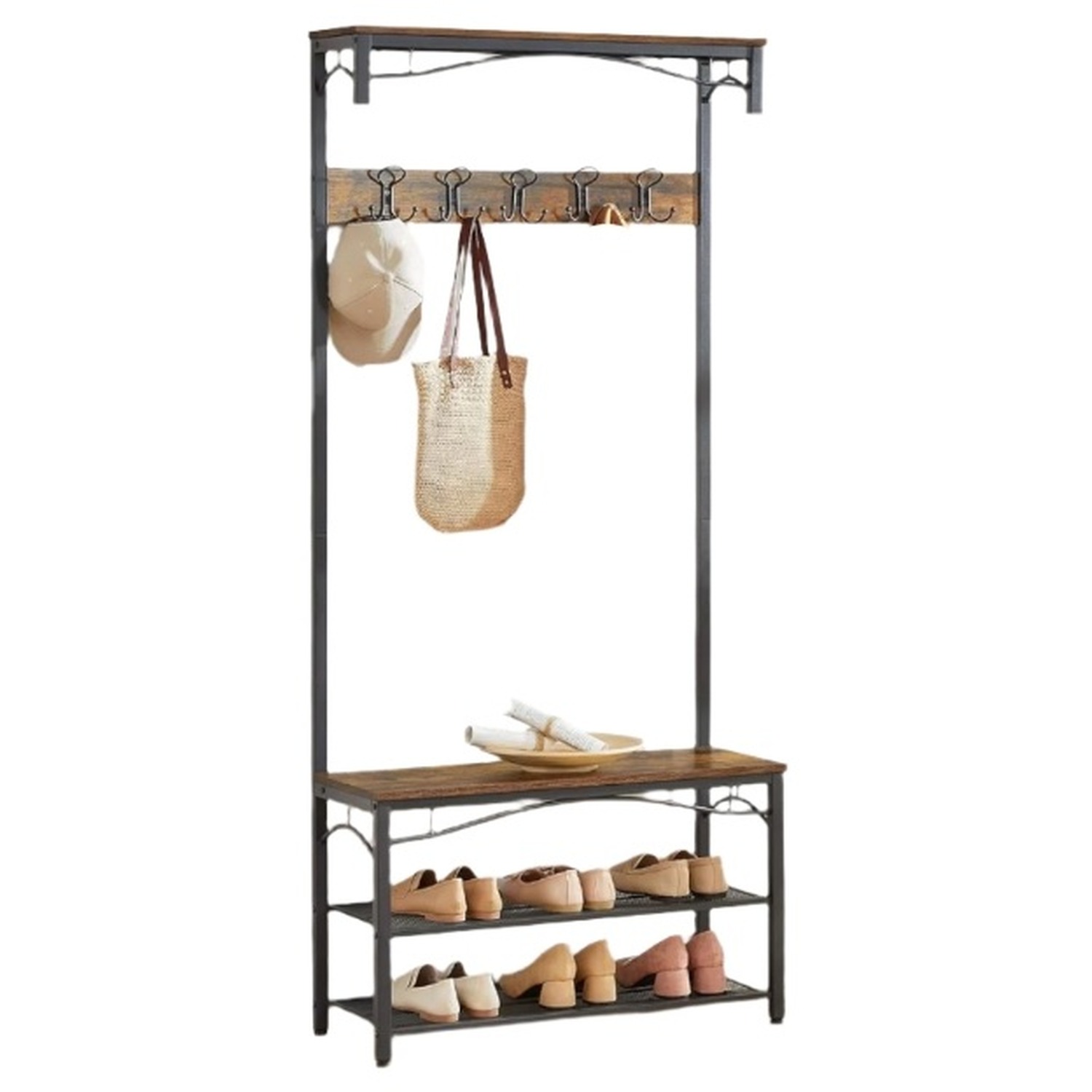 Industrial Coat Rack with Bench and Shoe Rack
